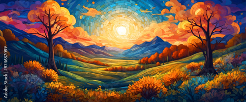 Set of wedding invitation with watercolor aquarelle landscape mountain background