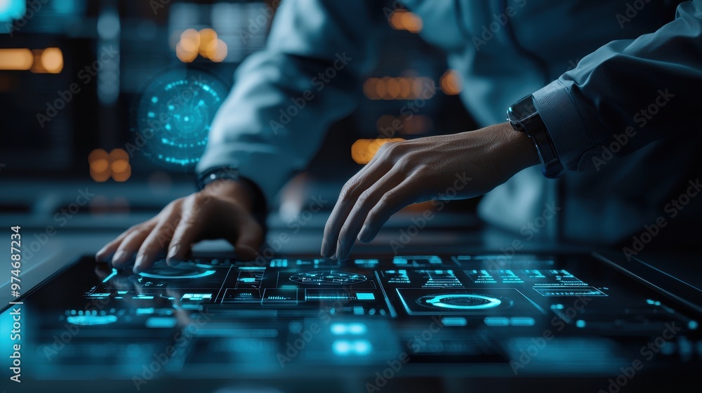 A person interacts with a futuristic touchscreen interface in a high-tech environment, showcasing advanced technology and innovation. A person interacts with a futuristic touchscreen interface in a high-tech environment, showcasing advanced technology and innovation.