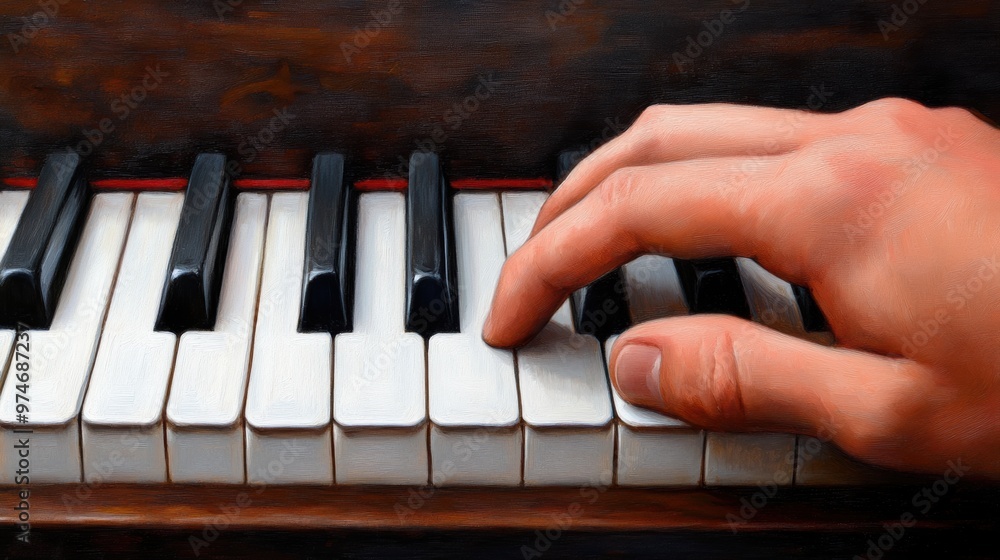 Fototapeta premium A hand playing a piano with white keys and black ones, AI