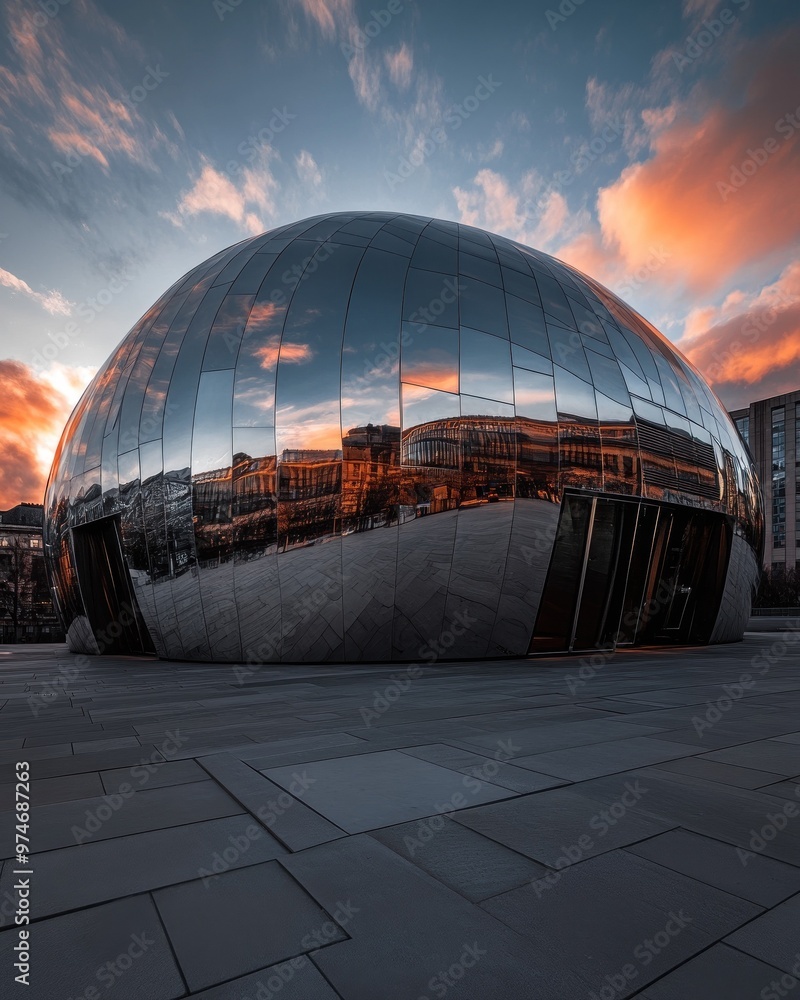 Obraz premium A modern, reflective building under a colorful sunset sky.