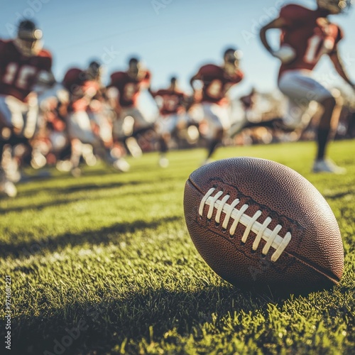 A football on the field with players in action during a game.