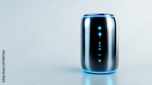 Sleek modern smart speaker with blue LED lights, situated in a minimalistic setting.