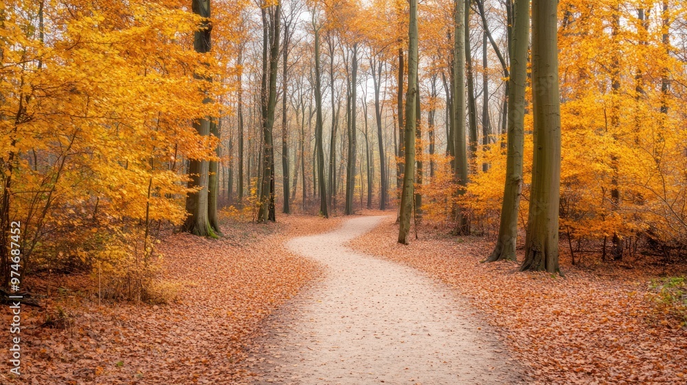 Fototapeta premium A winding path through a forest with vibrant autumn foliage.