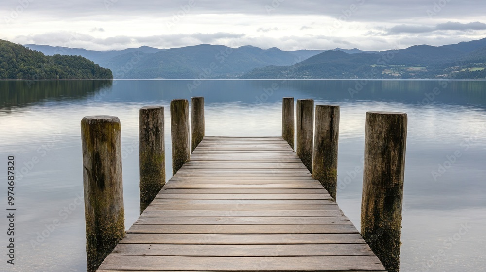 A serene wooden pier extends into a calm lake, surrounded by mountains under a cloudy sky. A serene wooden pier extends into a calm lake, surrounded by mountains under a cloudy sky.
