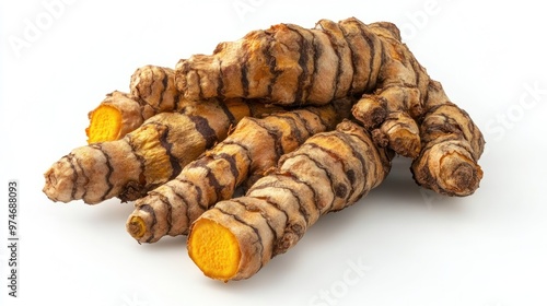 Fresh turmeric roots with a vibrant orange interior, commonly used in cooking and medicine.