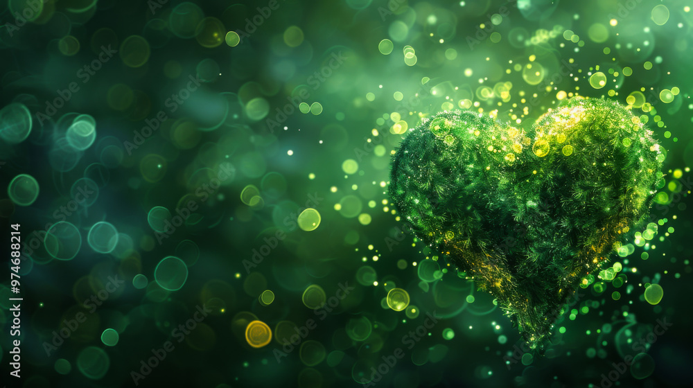Green heart on a shiny green background. Abstract background. Copy space. Green heart on a shiny green background. Abstract background. Copy space.