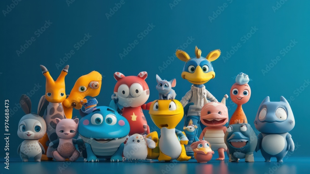 A collection of 3D toy characters from a popular cartoon, standing together for an adventure A collection of 3D toy characters from a popular cartoon, standing together for an adventure