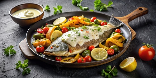 Baked fish and vegetables topped with cream and cheese sauce in an iron plate, baked, fish, vegetables photo