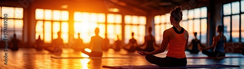 A serene yoga session at sunset, showcasing individuals in meditation, promoting relaxation and mindfulness.