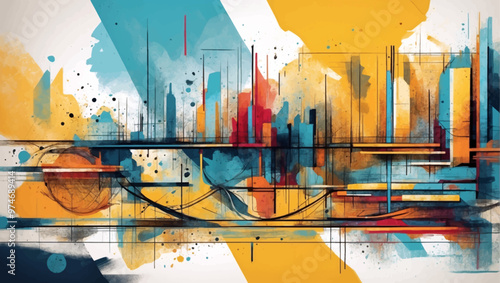 Vibrant Abstract Wave of Smart City with Multilayered Color Texture and Digital Elements - Global Technology and Social Network Concept for Web Banner Design. watercolor style