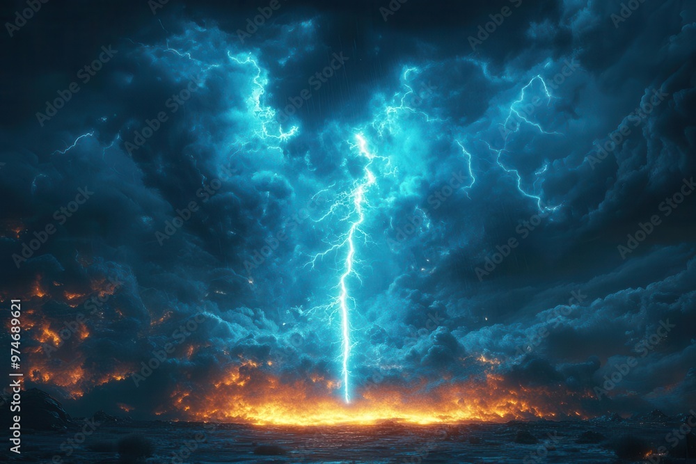 Fototapeta premium luminous lightning bolt piercing through ominous storm clouds illuminating a desolate landscape with electric blue brilliance against a pitchblack sky