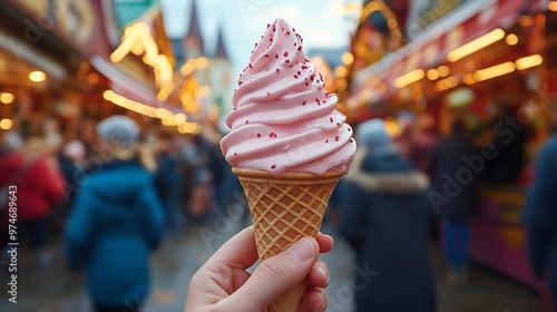 hand holding a pink soft ice cream cone with a vendor smiling in the background at Oktoberfest or dult in Munich : Generative AI photo