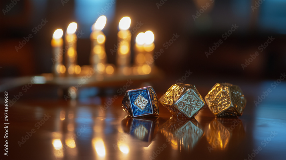 Ornate Metal Dice in Gold and Blue Reflecting Candlelight on Polished Surface Ornate Metal Dice in Gold and Blue Reflecting Candlelight on Polished Surface