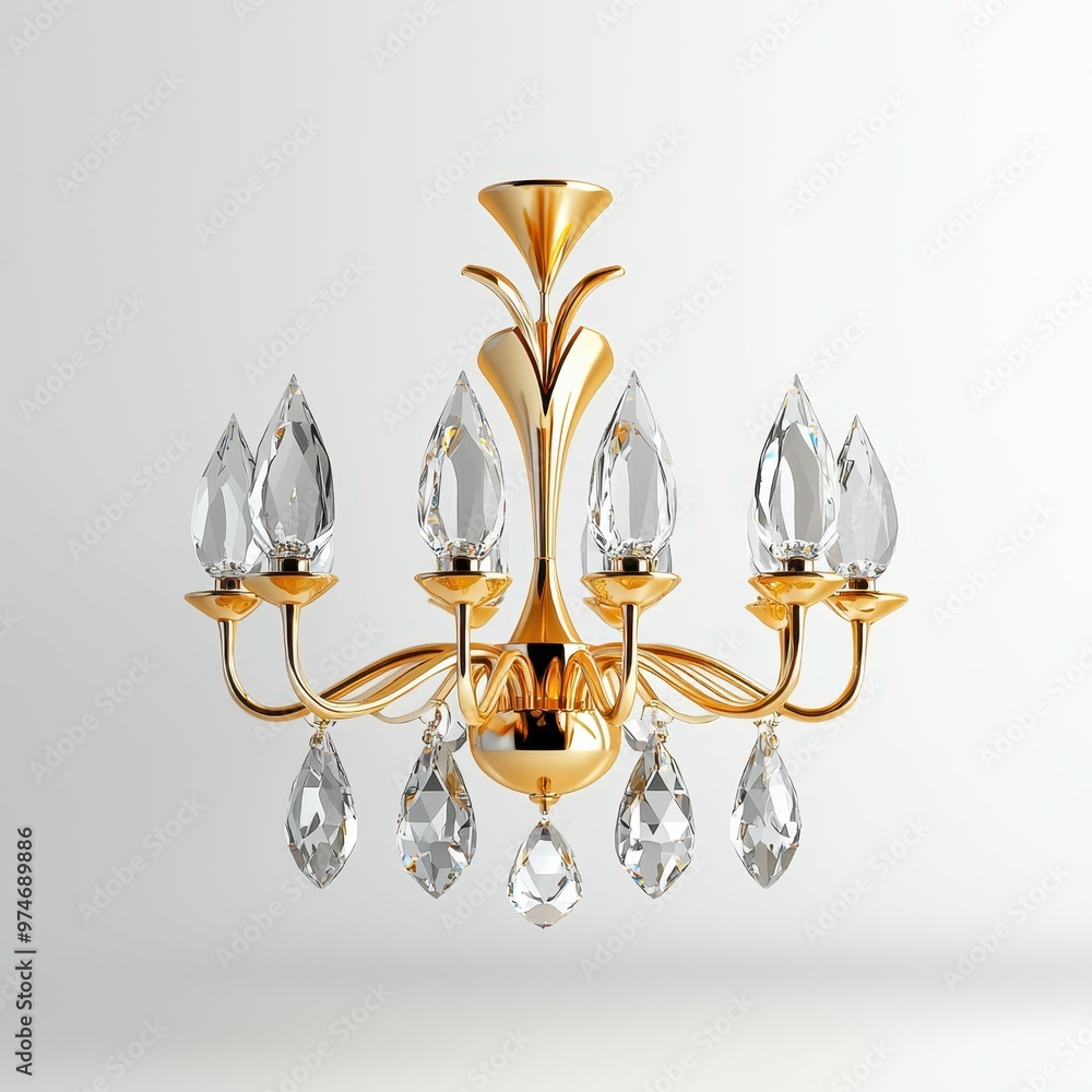 Elegant gold chandelier with crystal accents against a white background. Elegant gold chandelier with crystal accents against a white background.