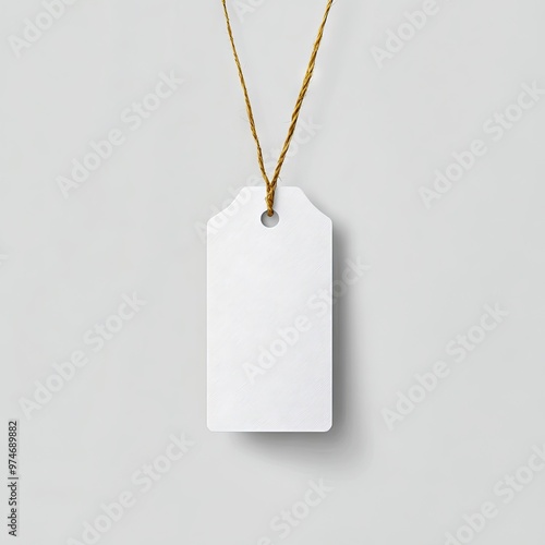 A white tag hanging from a string on a white wall