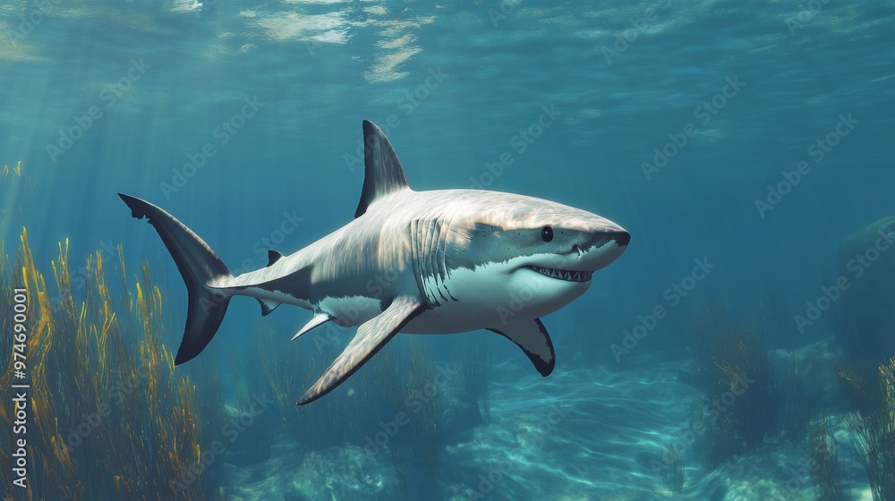 Fototapeta premium A majestic great white shark swimming effortlessly through clear, blue water, with its streamlined body and powerful tail visible in the underwater scene.