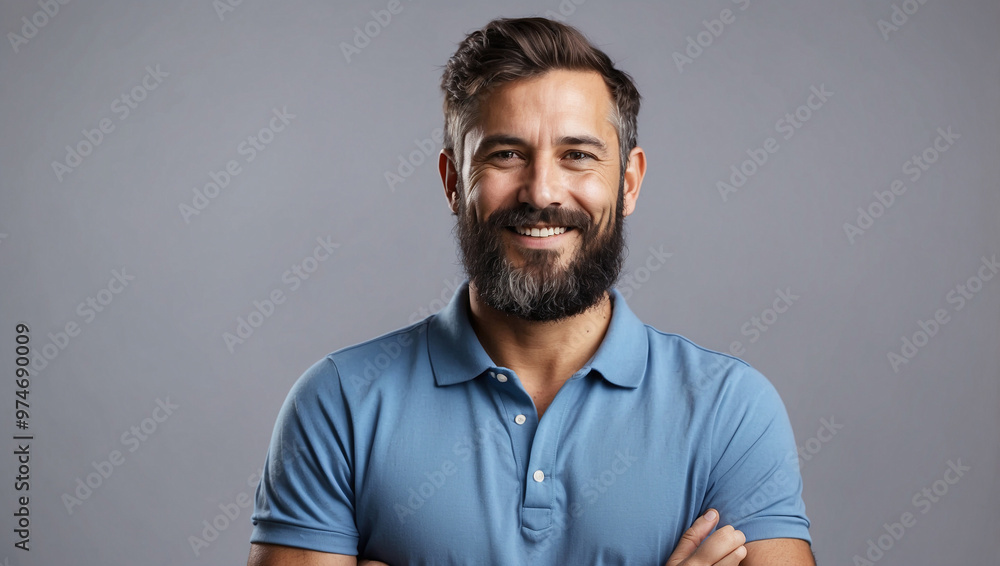 Smiling Bearded Man in Blue Polo Shirt Portrait Smiling Bearded Man in Blue Polo Shirt Portrait