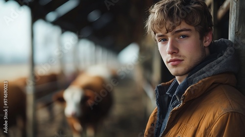 Portrait of a young farmer at cow house on a farm : Generative AI photo