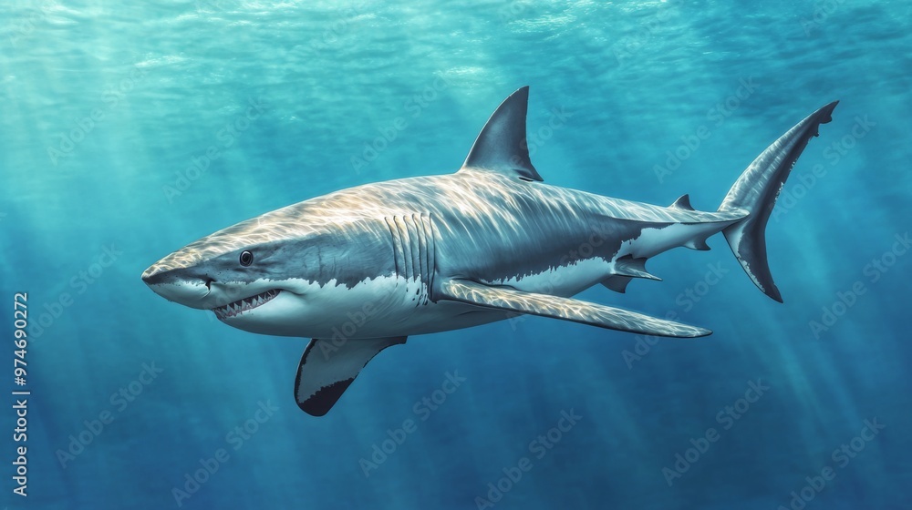 Fototapeta premium A majestic great white shark swimming effortlessly through clear, blue water, with its streamlined body and powerful tail visible in the underwater scene.