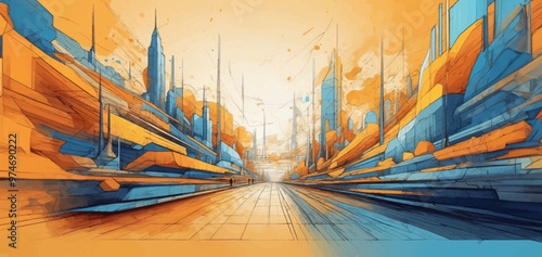 Vibrant Abstract Wave of Smart City with Multilayered Color Texture and Digital Elements - Global Technology and Social Network Concept for Web Banner Design. watercolor style