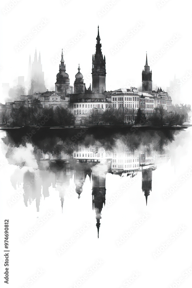 Obraz premium Hanover, Germany, black and white pen pencil hand-drawn effect portrait drawing illustration for travel poster, card, wallpaper, backdrop or banner. Modern, clear, artistic and simple