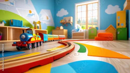 A colorful 3D toy train set with wooden tracks winding through a vibrant playroom
