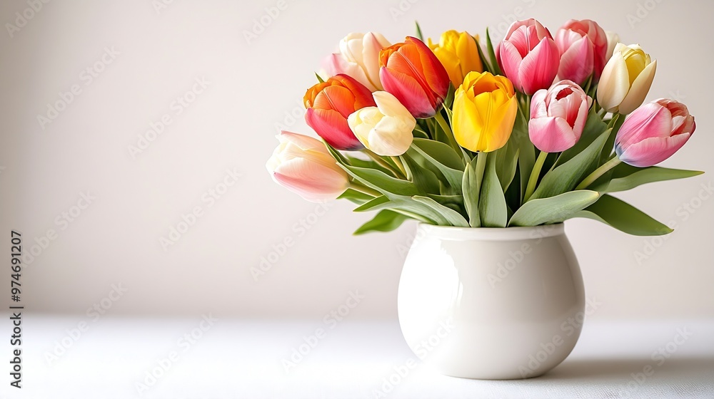 Elegant mixed pastel colored spring bouquet in white vase on white background Spring flowers Tulips bouquet : Generative AI