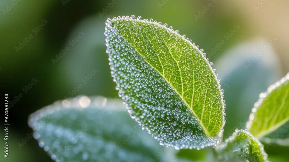 A macro shot of a single leaf with tiny water droplets on its edges, capturing the intricate details and freshness of early morning dew. A macro shot of a single leaf with tiny water droplets on its edges, capturing the intricate details and freshness of early morning dew.