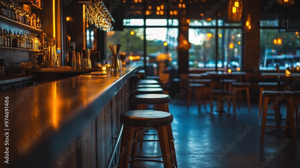 A cozy bar interior with warm lighting and empty stools, inviting relaxation and socializing. A cozy bar interior with warm lighting and empty stools, inviting relaxation and socializing.