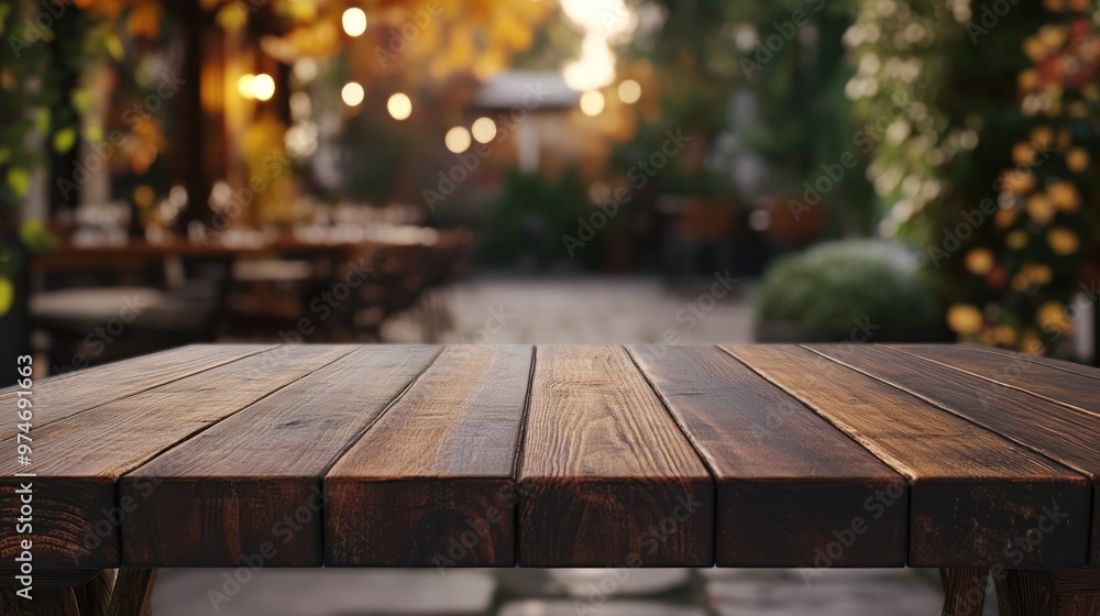 A rustic wooden table in a cozy outdoor setting with warm lighting and greenery. A rustic wooden table in a cozy outdoor setting with warm lighting and greenery.