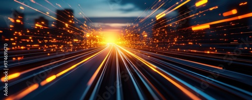 A vibrant cityscape showcasing dynamic movement with glowing lights and a stunning sunset, symbolizing speed and energy.
