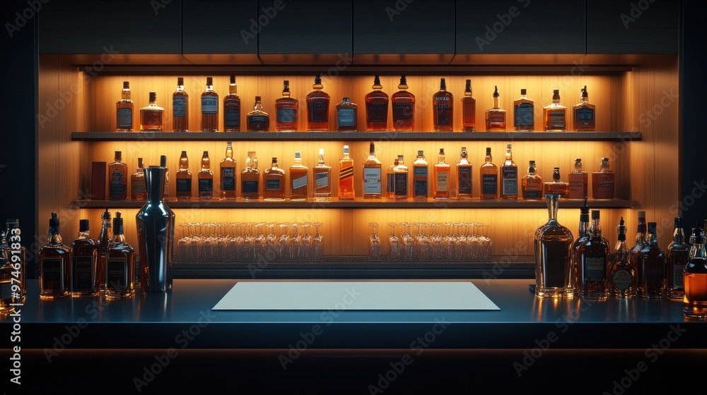 A well-lit bar showcasing various bottles of whiskey and glassware.