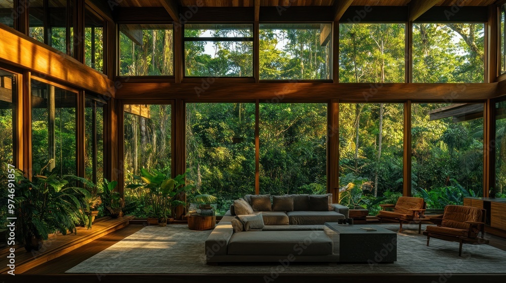 A modern living room with large windows showcasing a lush green forest. A modern living room with large windows showcasing a lush green forest.