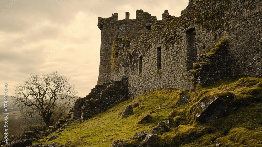 Ruins of a stone castle surrounded by grassy terrain and trees under a cloudy sky. Ruins of a stone castle surrounded by grassy terrain and trees under a cloudy sky.