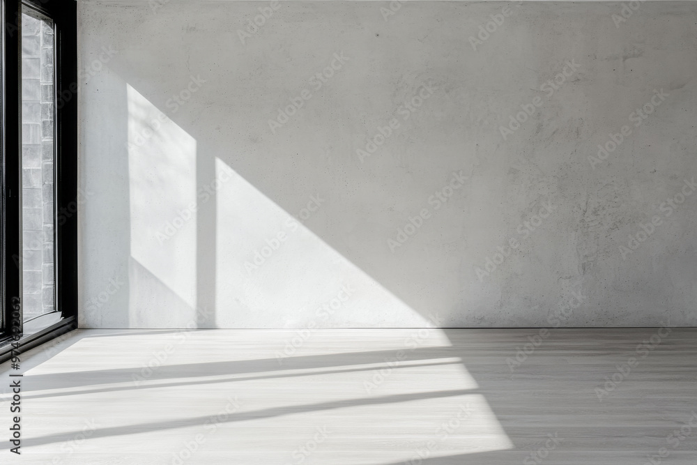 Obraz premium Empty room interiors in neutral tones with a mix of natural window lighting and shadows. Property interior with no furniture or decor.