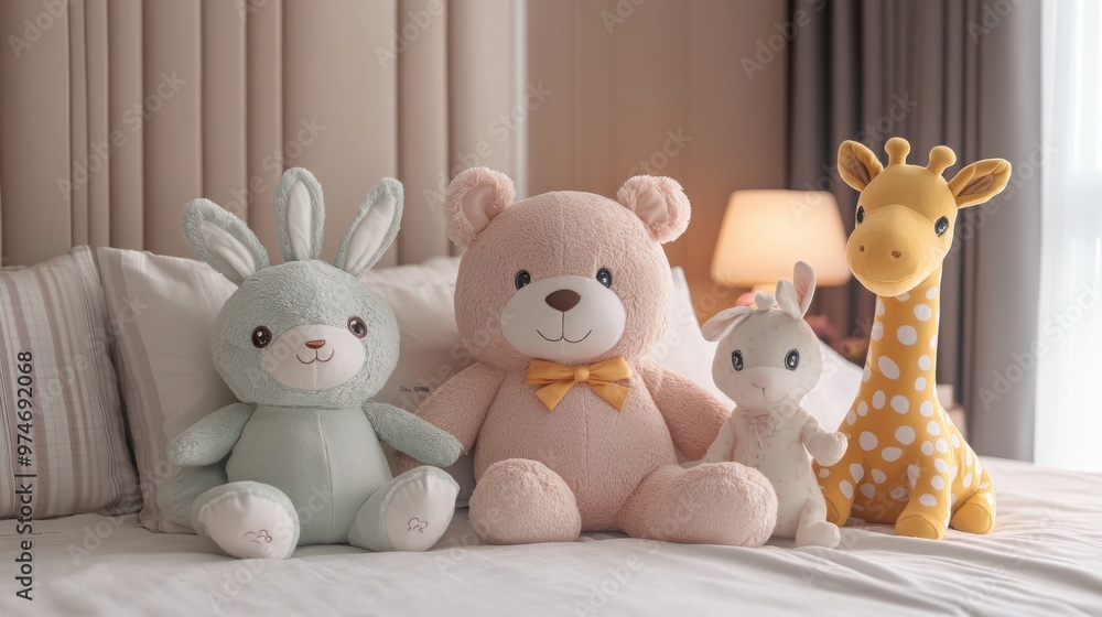 A set of 3D plush animal toys, including a bear, bunny, and giraffe, sitting on a bed A set of 3D plush animal toys, including a bear, bunny, and giraffe, sitting on a bed