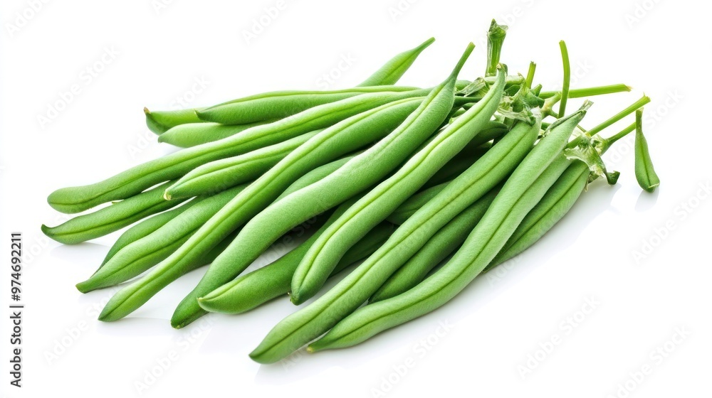A pile of fresh green beans on a white background, ready for cooking or serving. A pile of fresh green beans on a white background, ready for cooking or serving.