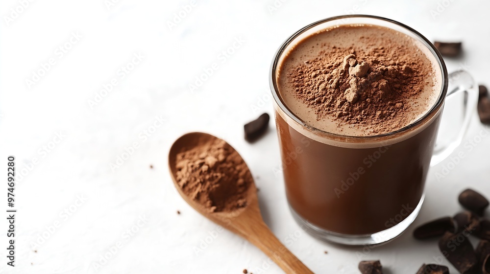 Glass of hot chocolate drink with cocoa powder in wooden spoon isolated on white background : Generative AI Glass of hot chocolate drink with cocoa powder in wooden spoon isolated on white background : Generative AI