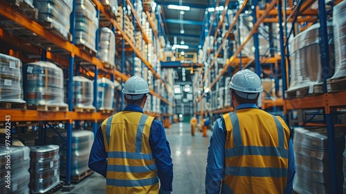Two Warehouse Workers in Safety Vests Walking Through a Storage Facility