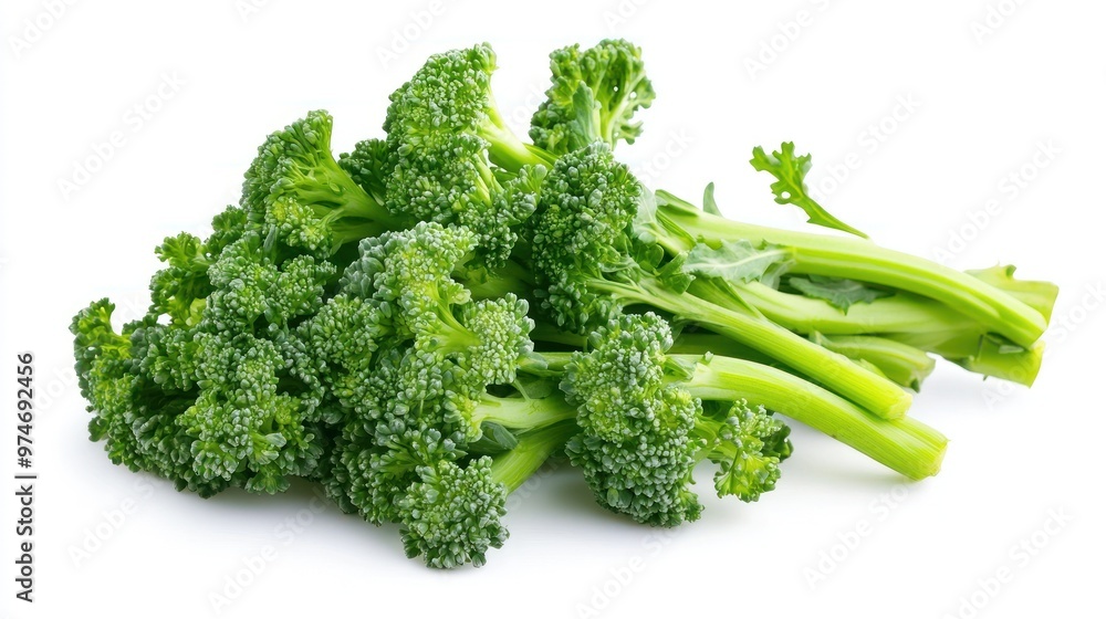 A fresh bunch of broccoli on a white background, showcasing its vibrant green color. A fresh bunch of broccoli on a white background, showcasing its vibrant green color.
