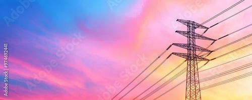 A vibrant sunset sky illuminated with shades of pink and blue, featuring a silhouette of a power line tower. photo