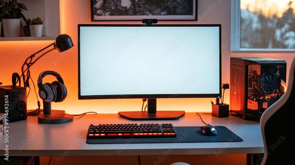 A modern workspace featuring a computer setup with a monitor, keyboard, and accessories. A modern workspace featuring a computer setup with a monitor, keyboard, and accessories.