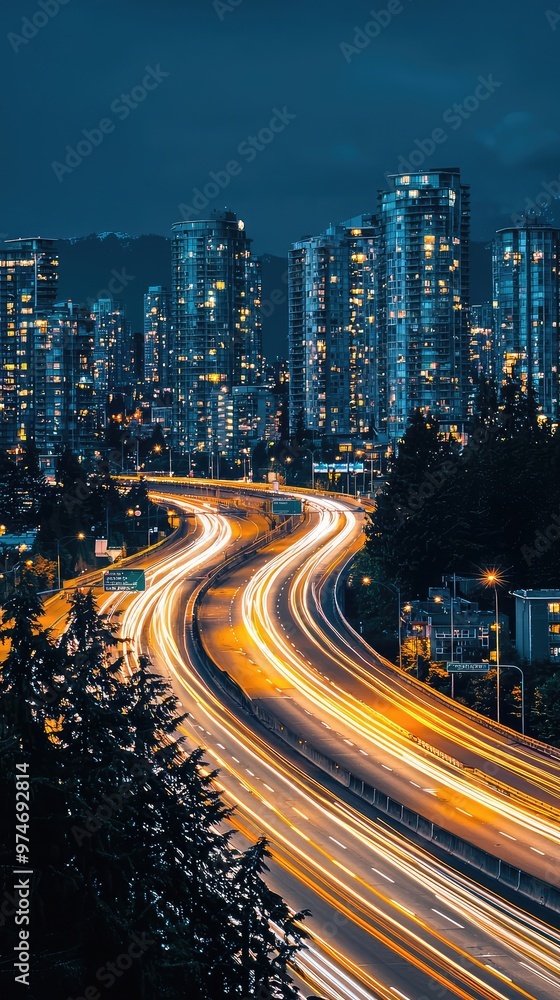 Fototapeta premium City Lights & Highway Trails: A Nighttime Symphony of Urban Life