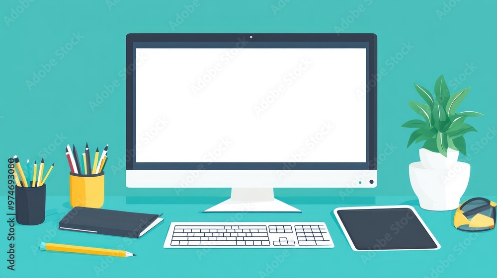 A minimalist workspace featuring a computer, keyboard, tablet, and stationary items. A minimalist workspace featuring a computer, keyboard, tablet, and stationary items.