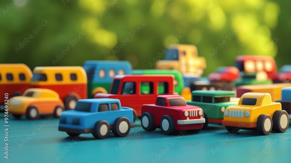 A set of colorful 3D wooden vehicles, including cars, trucks, and buses, lined up for a race A set of colorful 3D wooden vehicles, including cars, trucks, and buses, lined up for a race
