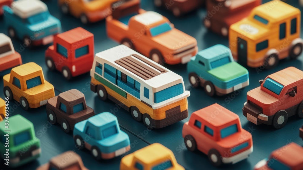 A set of colorful 3D wooden vehicles, including cars, trucks, and buses, lined up for a race A set of colorful 3D wooden vehicles, including cars, trucks, and buses, lined up for a race
