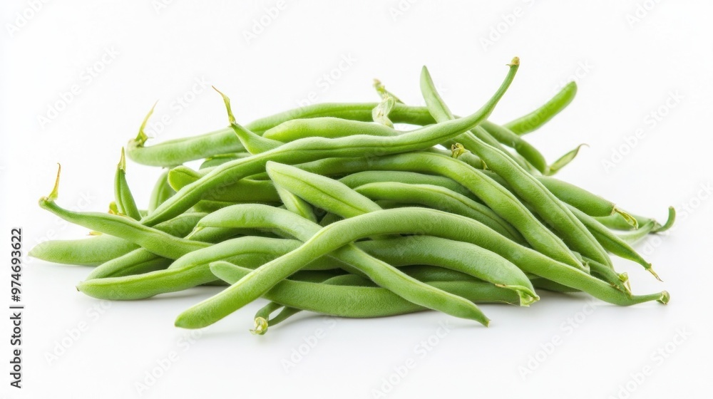 A pile of fresh green beans arranged on a white background. A pile of fresh green beans arranged on a white background.