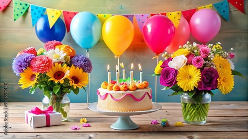 Vibrant floral bouquet and colorful balloons surround a bright, candle-topped cake with a personalized banner, celebrating a special day for a beloved friend. photo