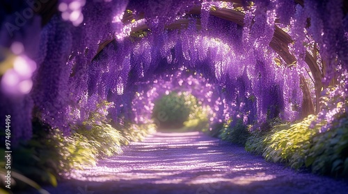 Wisteria tunnel at Eastcote House Gardens London Borough of Hillingdon Photographed on a sunny day in mid May when the purple flowers are in full bloom : Generative AI photo