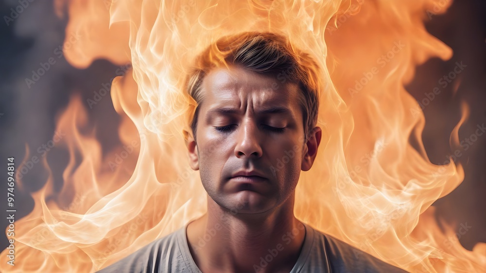 A stressed man surrounded by burning flames in the background, symbolizing overwhelming stress and the need for mindfulness and peace. - Meditation, Mind Relaxation
A stressed man surrounded by burning flames in the background, symbolizing overwhelming stress and the need for mindfulness and peace. - Meditation, Mind Relaxation